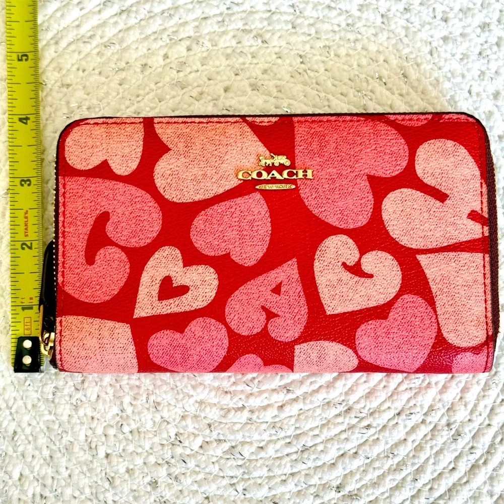 Coach Red and Pink Heart Zip Around Wallet Great Condition!